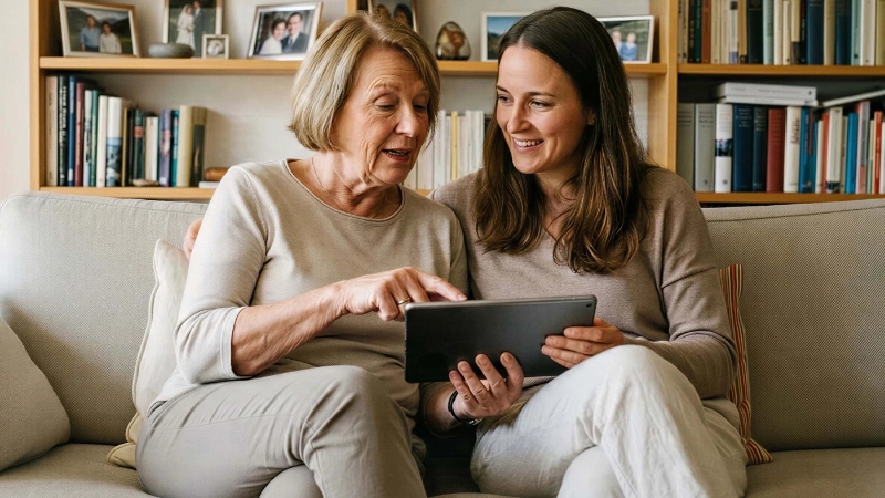 Une mère montre quelque chose à sa fille sur une tablette, tandis qu’elles sont assises ensemble sur un canapé.