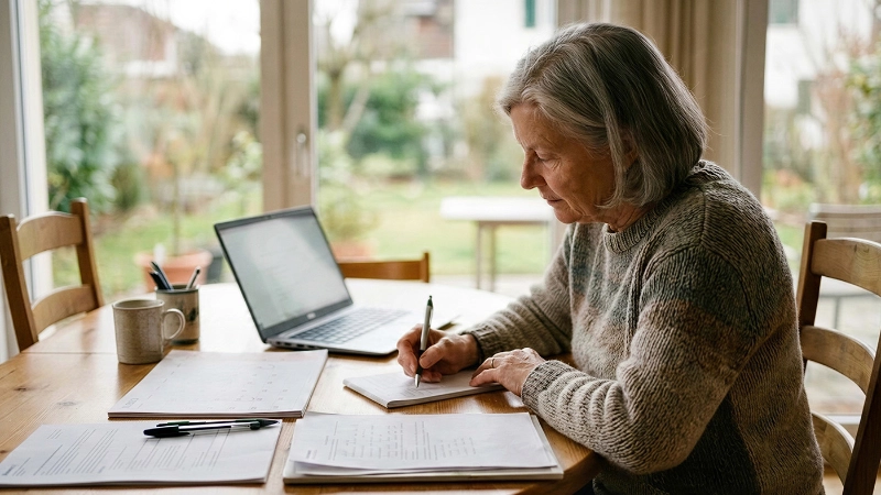 Une personne âgée est assise à son bureau et organise sa succession