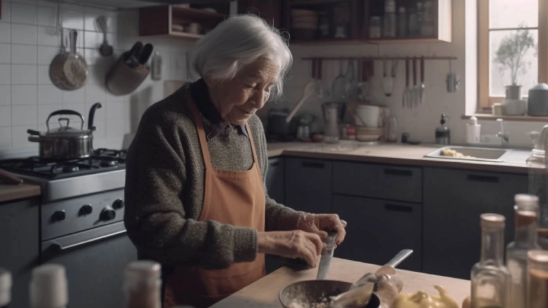 Femme âgée en train de cuisiner dans la cuisine