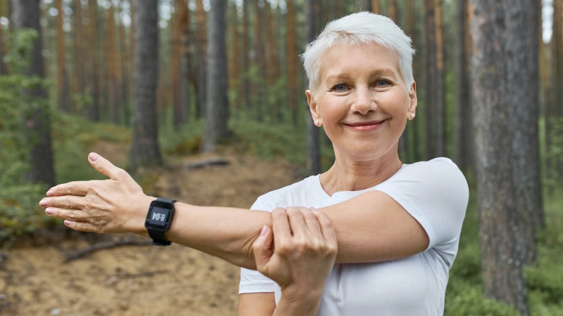 Femme âgée faisant des exercices d’étirement dans une forêt.