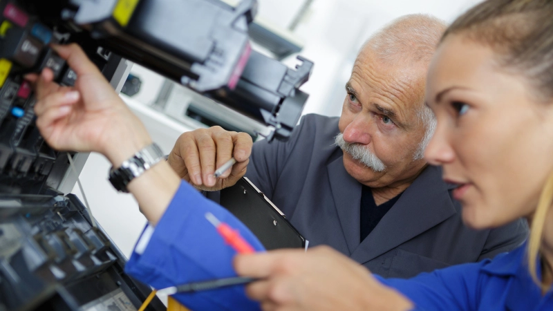Un artisan et une artisane travaillent sur une machine.