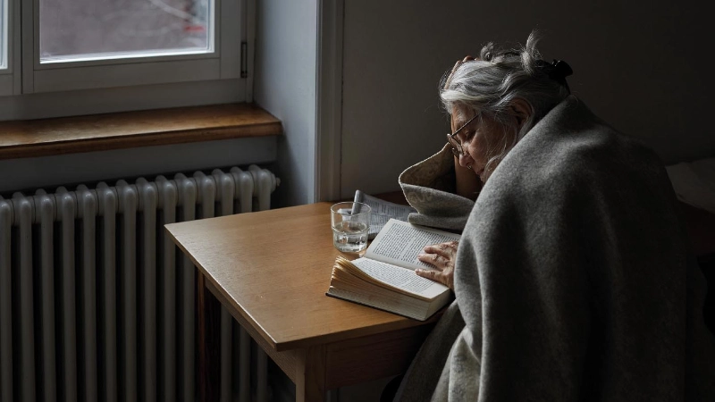 Une personne âgée avec une couverture et du thé lit un livre.