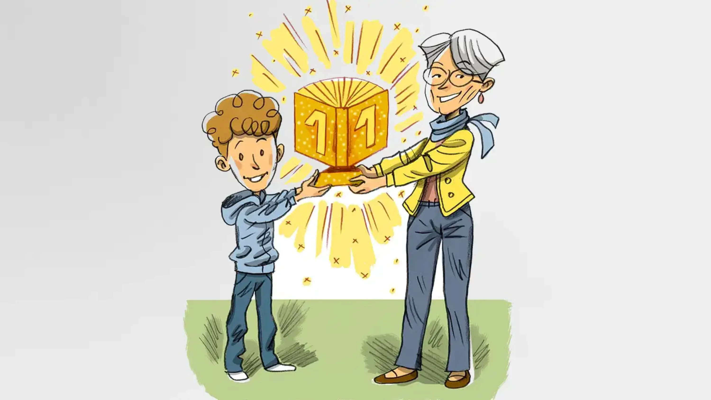 Ein Junge und eine Seniorin halten gemeinsam einen Pokal in den Händen.